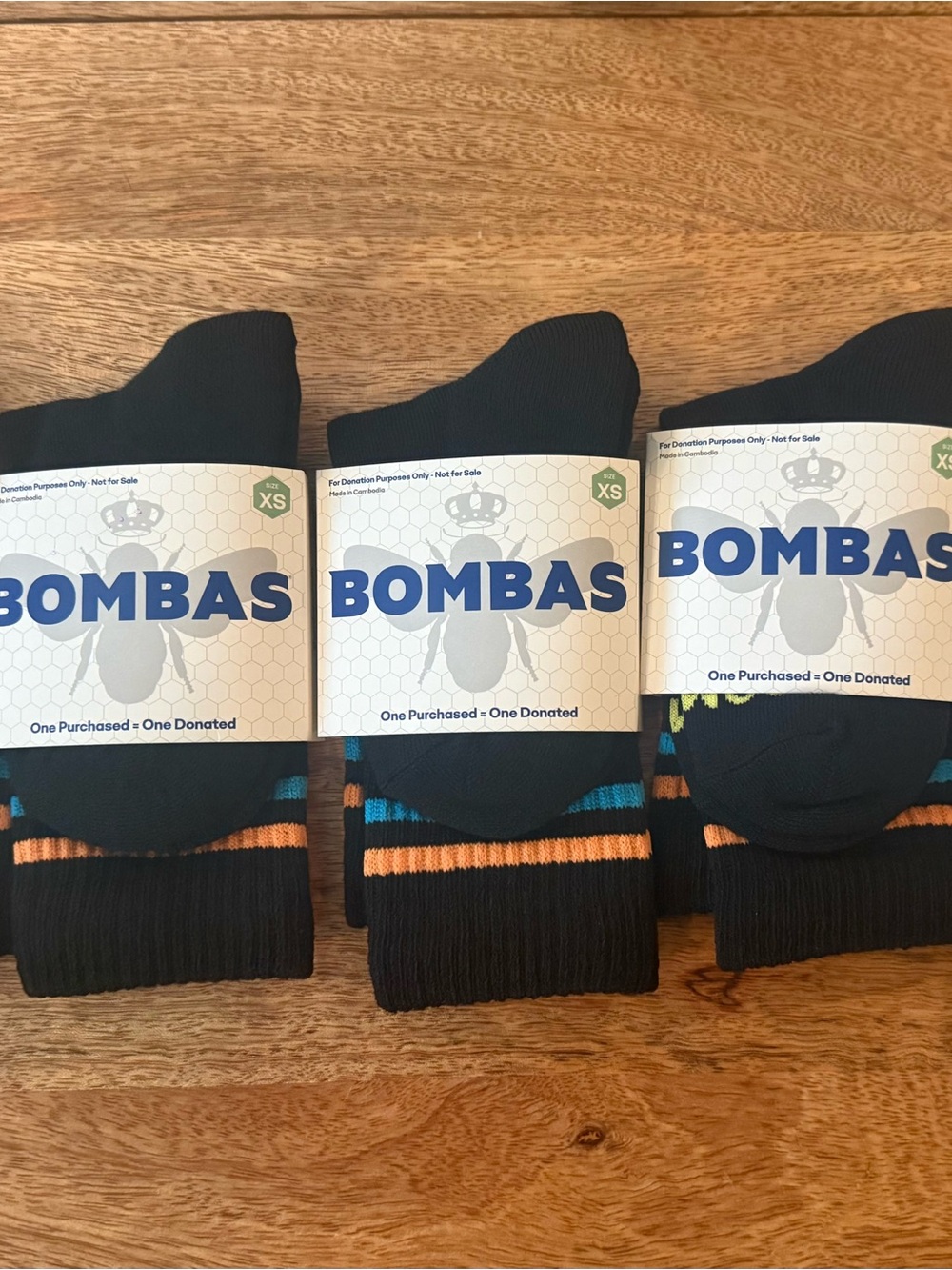 5 Pair Bombas Kid’s Black Crew Socks with Orange & Blue Stripes